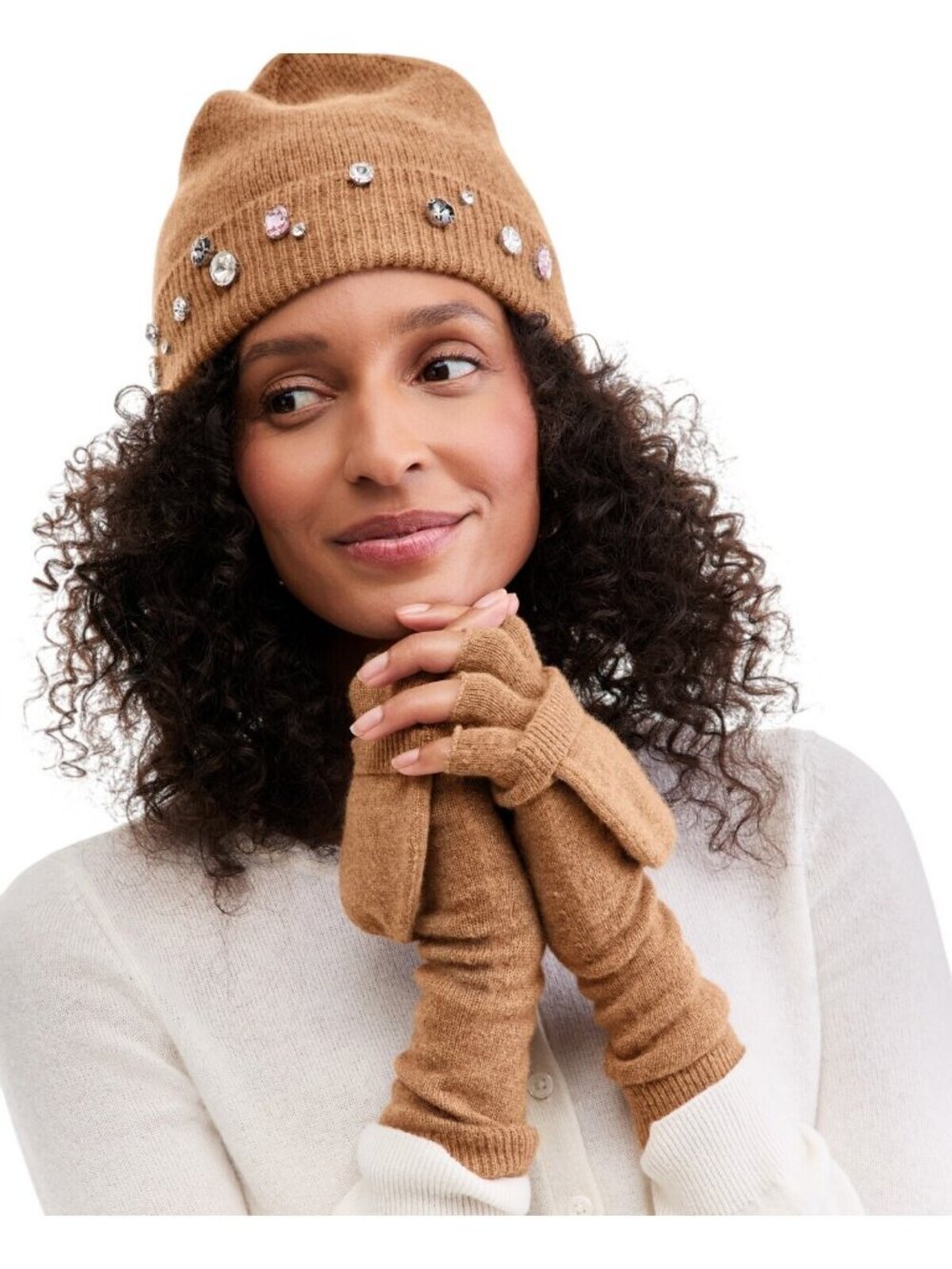 NWT Charter Club Cashmere Beanie with Cuff Warm Praline Heather Brown